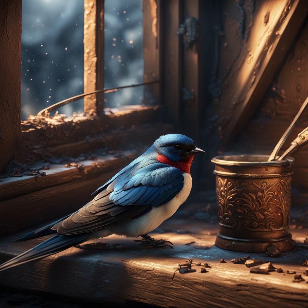 Injured Swallow: Detailed Matte Painting in Attic