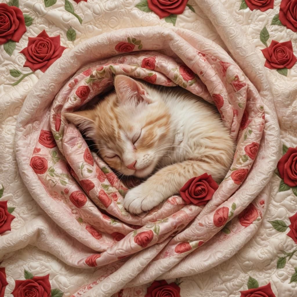 Kitten Snuggled in Rose Quilt: Digital Illustration