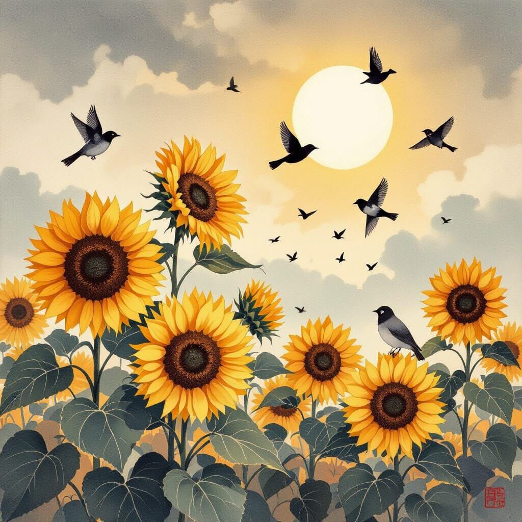 Sunflowers and Birds in Japanese Ukiyo-e Style