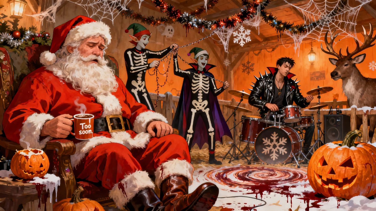 October Christmas North Pole with Santa and Spooky Elves