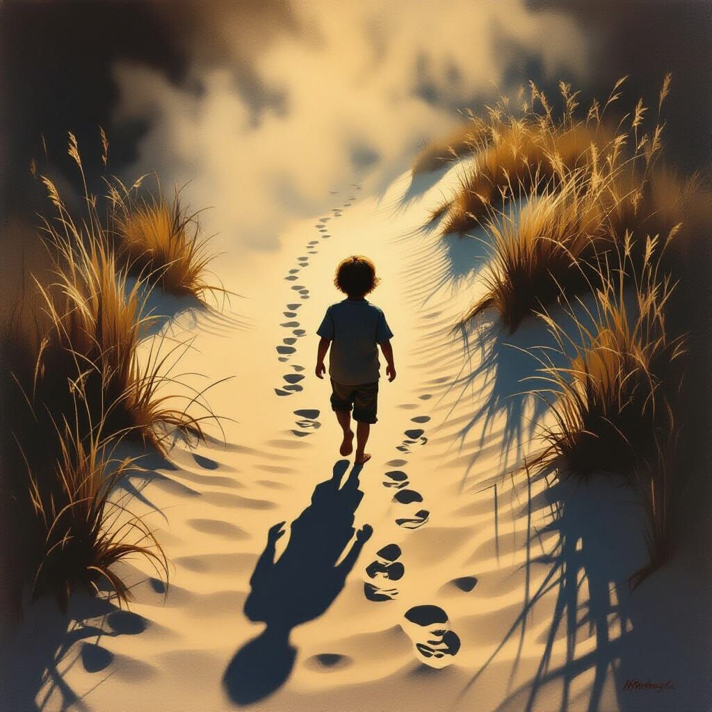 Child's Shadow Walking on Sandy Path, Mysterious Atmosphere
