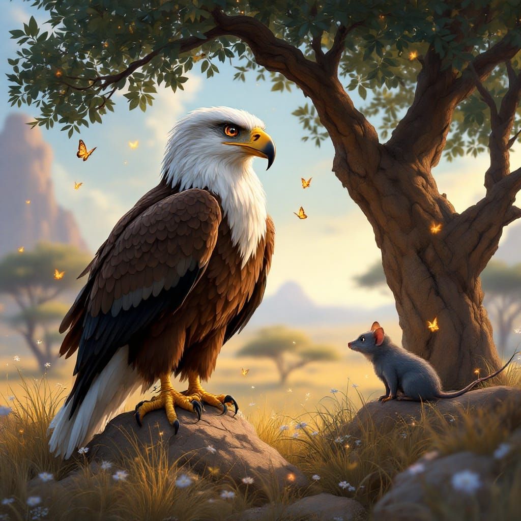 Eagle Watches Mouse in Pixar Style African Savanna