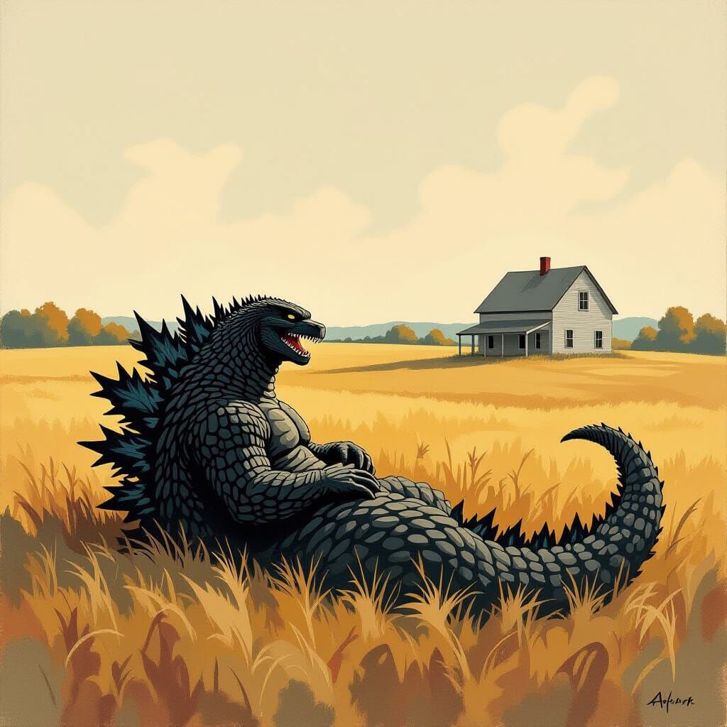 Godzilla Gazing in Earth-Toned Realist Style