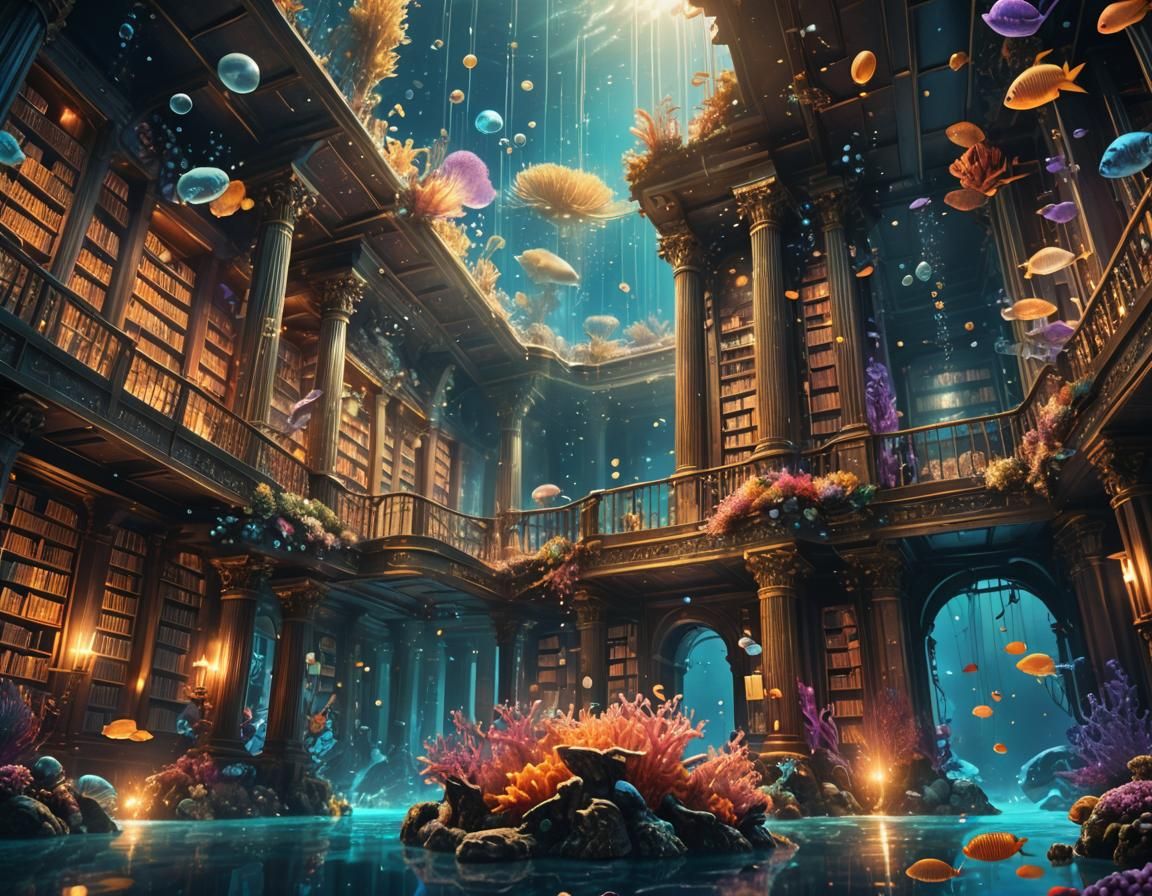 Underwater Library with Bioluminescent Coral, Fantasy Art