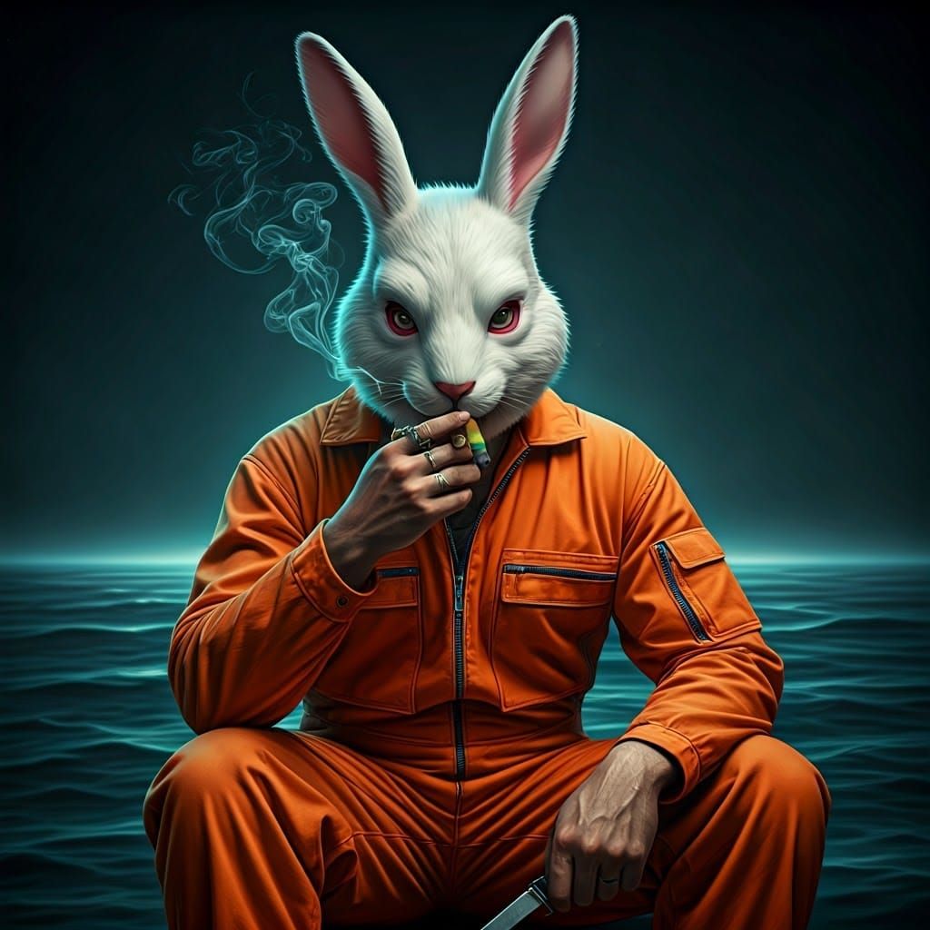 Rabbit Masked Man with Cigar by Alien Ocean