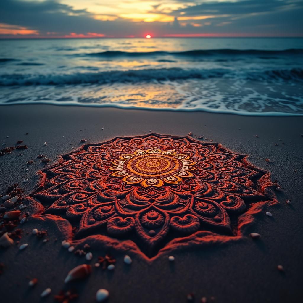 Beach Sand Mandala at Sunset in Photorealistic Style