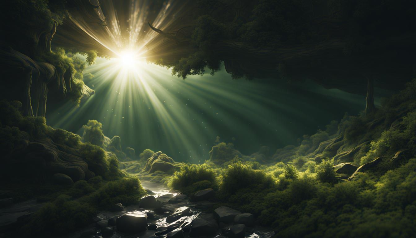 Sunrays Effect with Dark Green Background in Fantasy Art