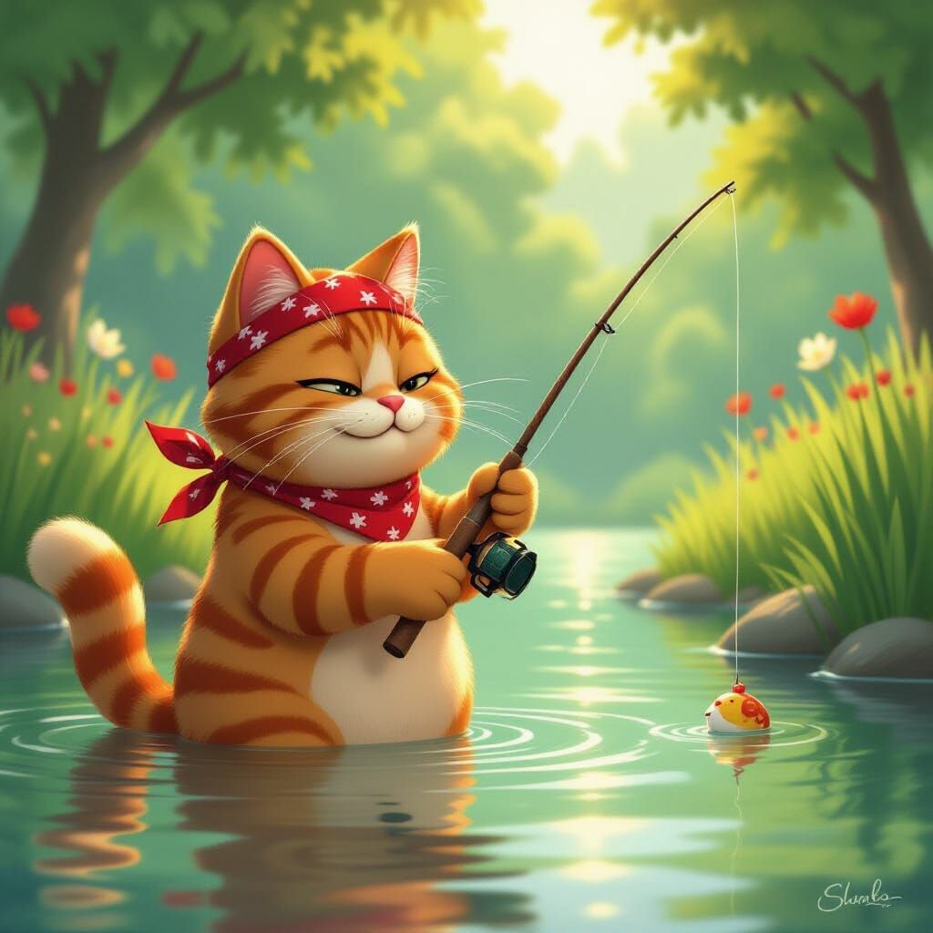 Garfield Fishing for Pizza in Garden Pond Digital Painting