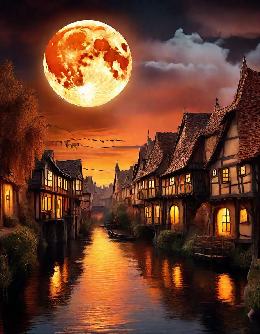 Medieval Village Under Orange Moon, Digital Matte Painting