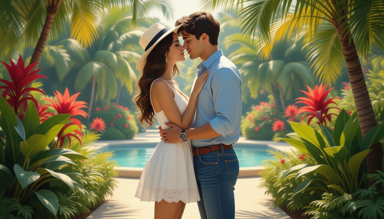 Romantic Kiss in Casablanca Park: Art Nouveau Style