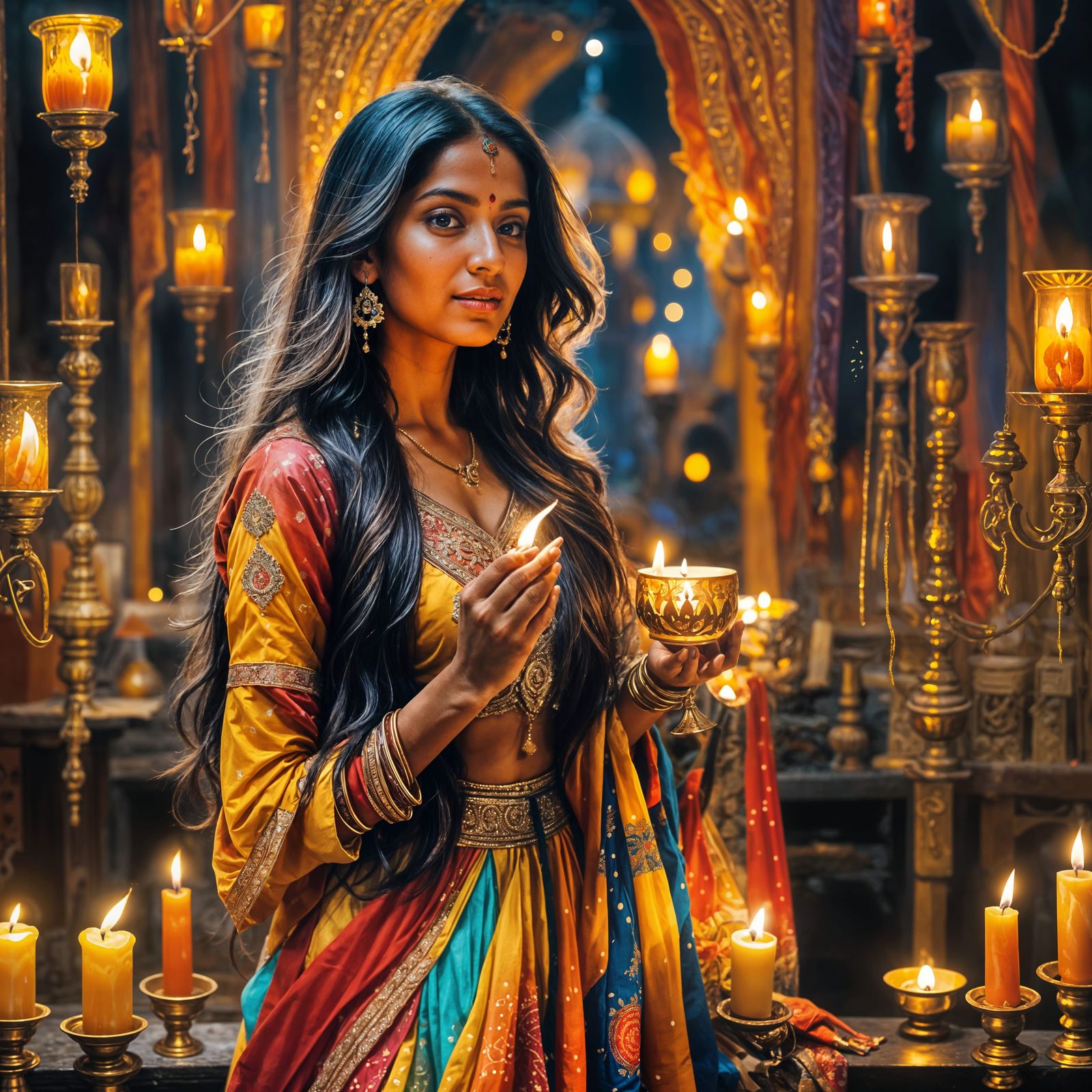 Young Woman Celebrating Divali with Candles