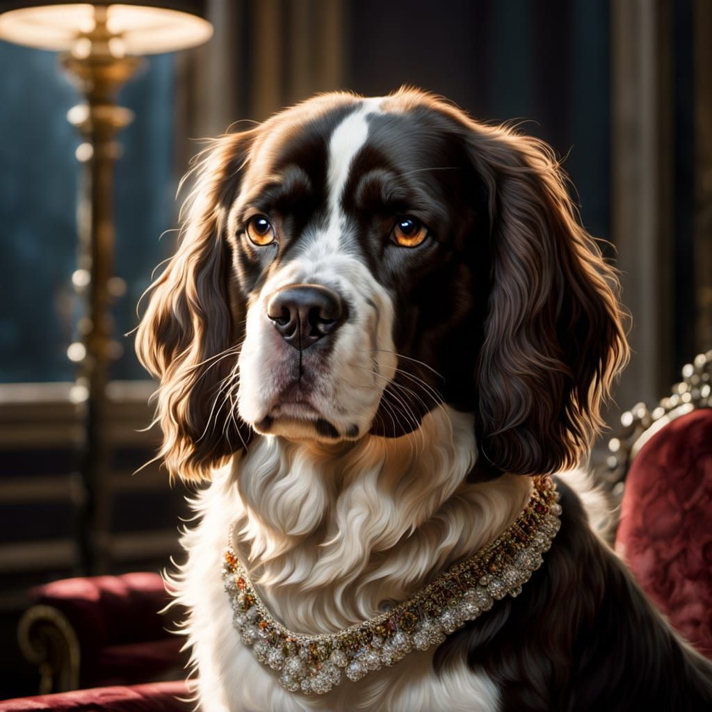Regal Spaniel in Grand Ballroom with Chiaroscuro Lighting