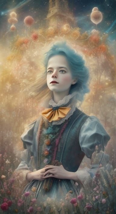 <lora:Funfair:1.0> In the tranquility of the evening, a young child finds a serene spot in a lush meadow to lie back and...