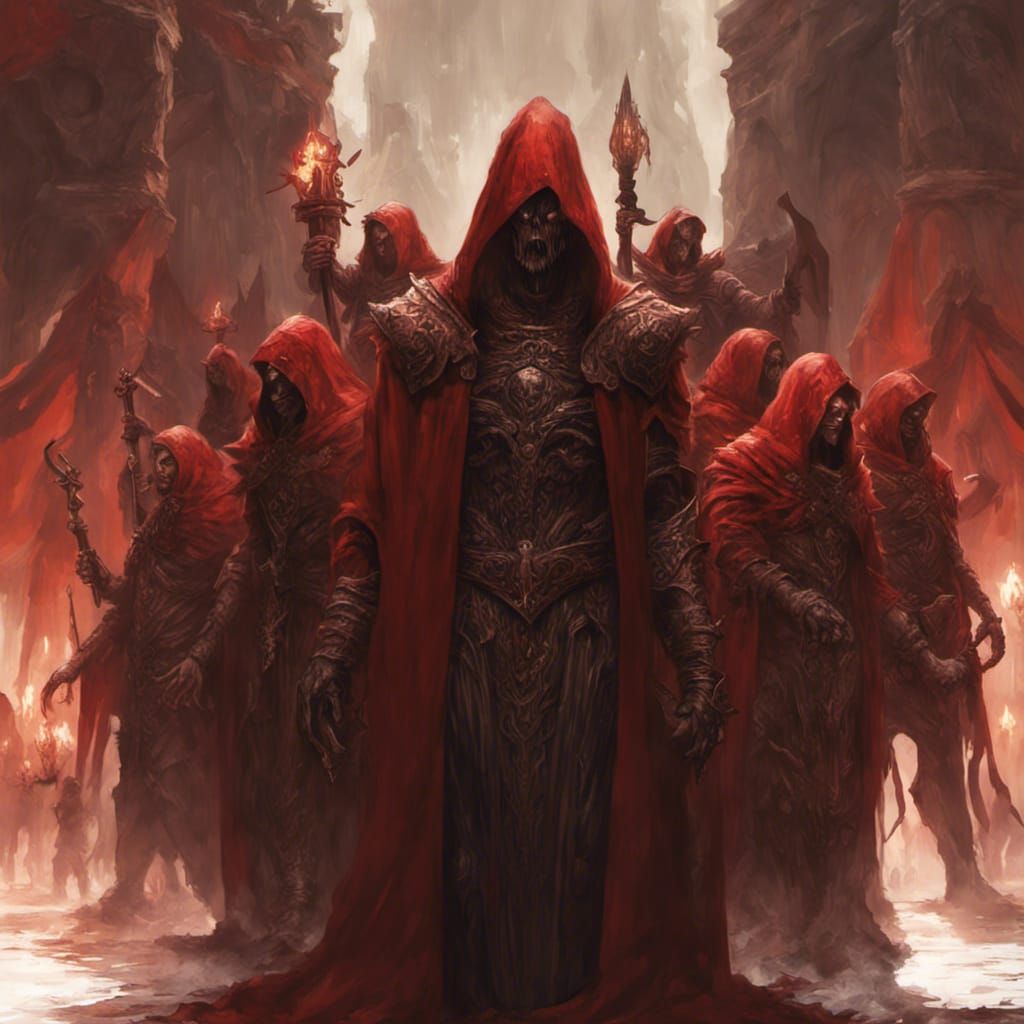 Red Cultists Worship Eldritch God: Dark Fantasy Art