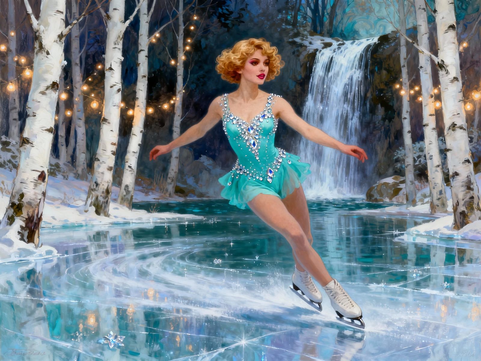 Figure Skater on Frozen Pond in Aqua Outfit