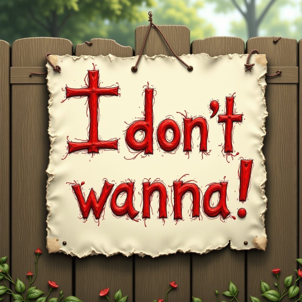 Handwritten "I Don't Wanna!" Sign on Fence Post
