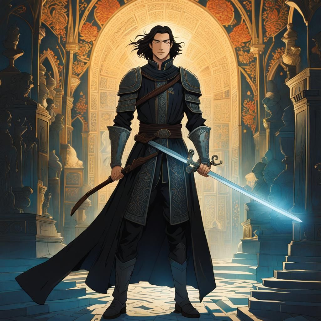 Warrior in Dark Maze: Watercolor Fantasy Illustration