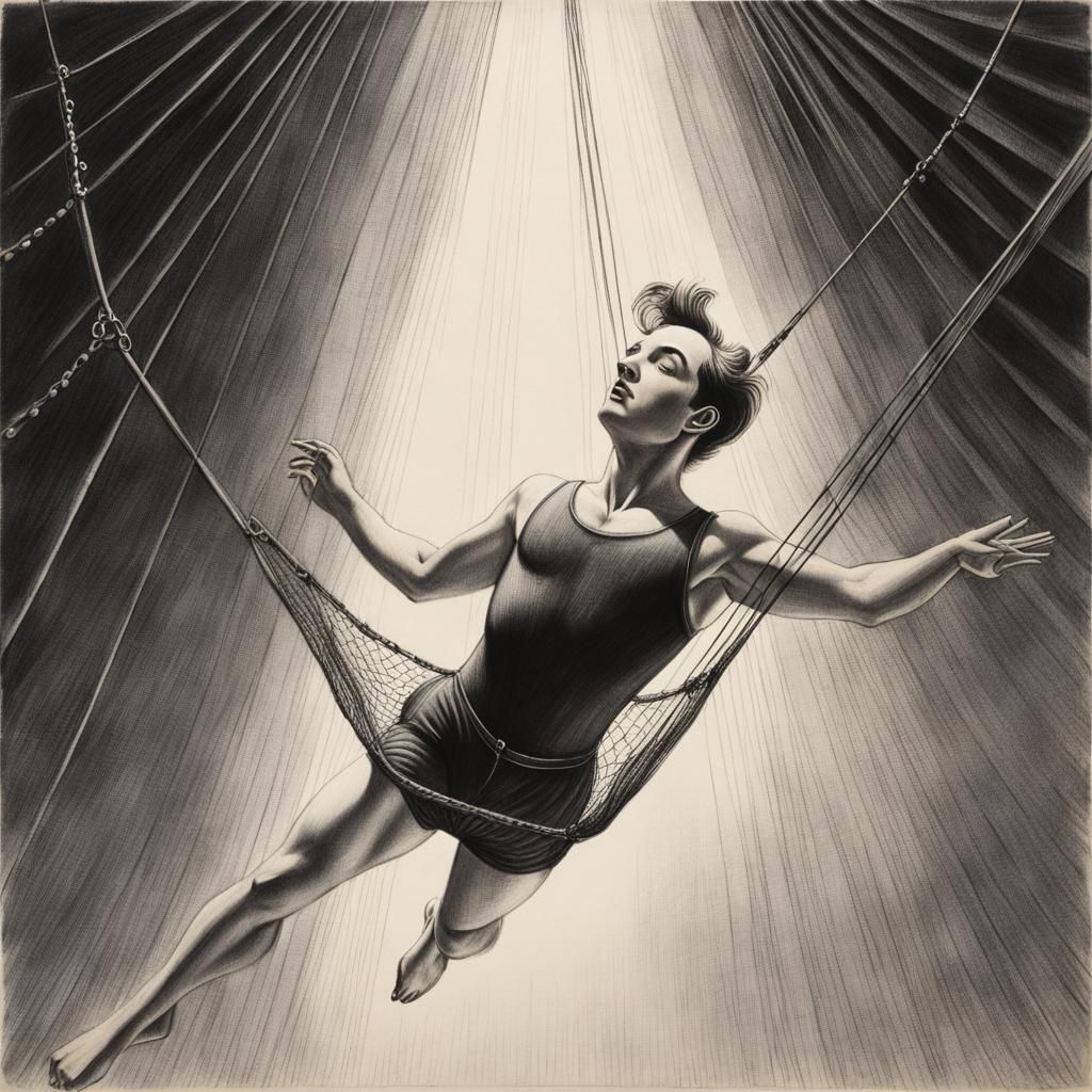 Trapeze Artist Falling: Whimsical Pencil Art