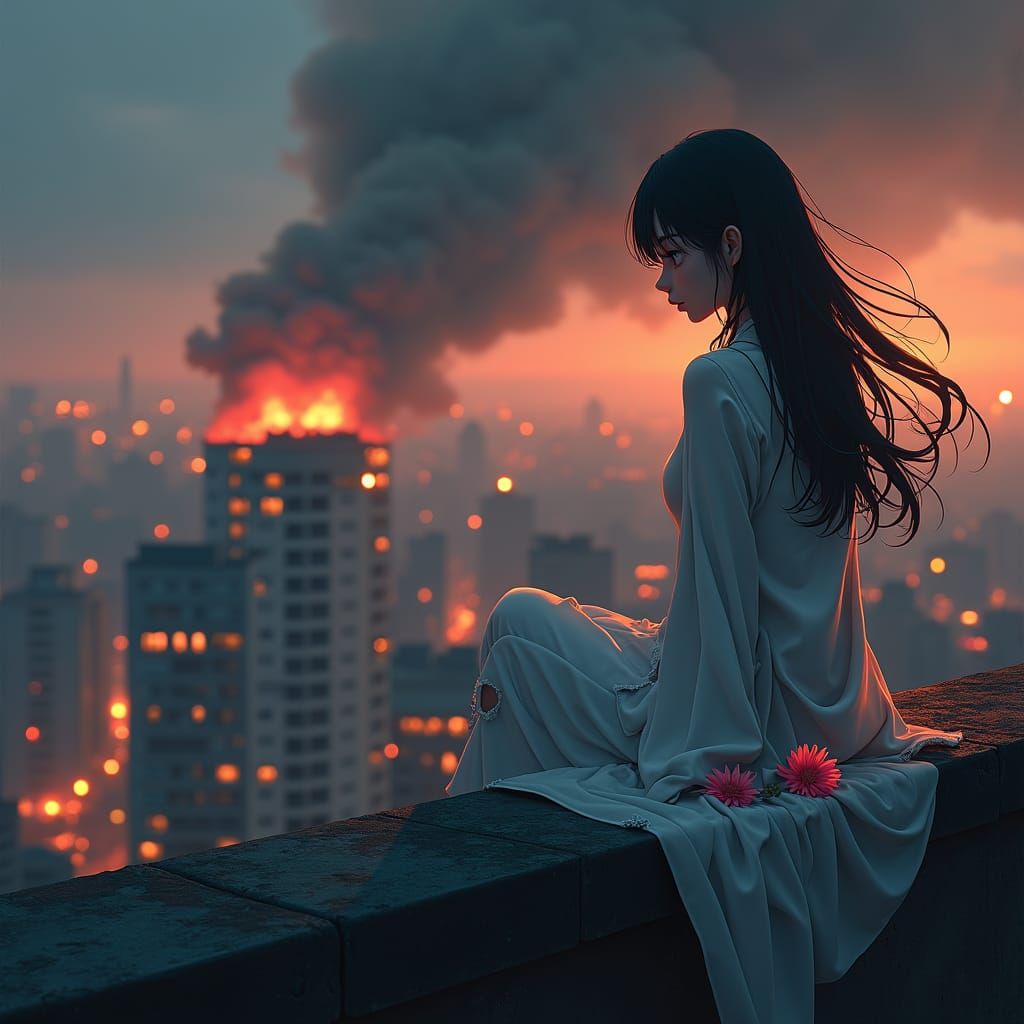Anime Woman Contemplates Ruined Cityscape in Apocalyptic Set...