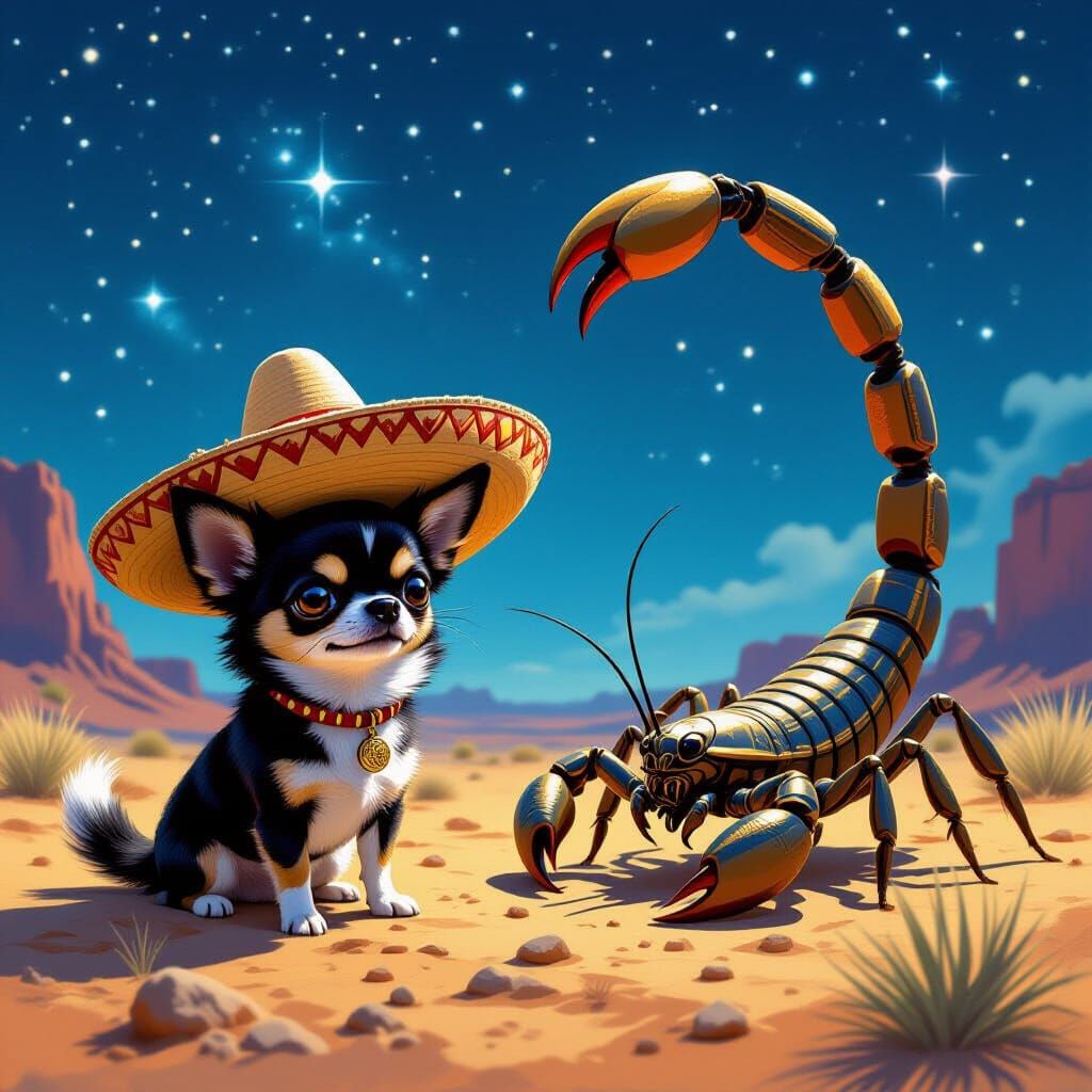 Brave Chihuahua Confronts Menacing Scorpion in Desert Night