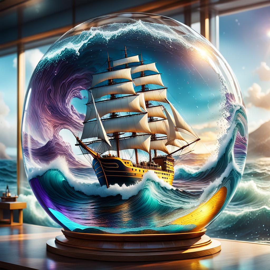 Ship in Glass Container: Stormy Seas Digital Art