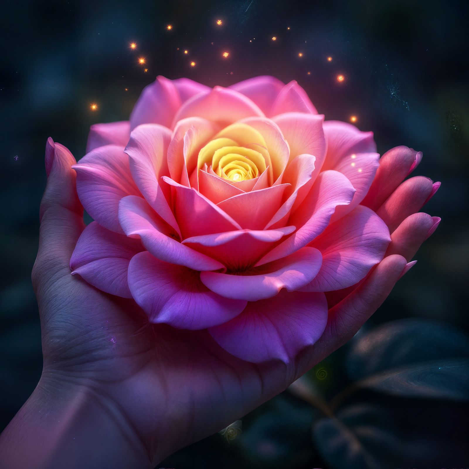 Bioluminescent Rose in Goddess Hand Hyperrealistic Photo