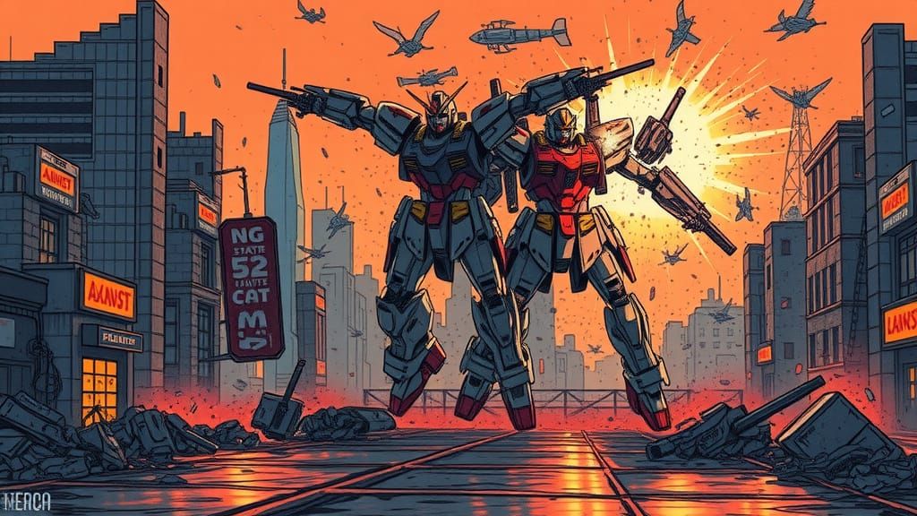 Mecha Battle in Ocean City Sunset: A Cassette Futurism Ink D...