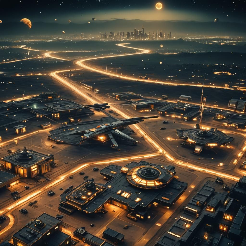 Epic Futuristic Cityscape with Spaceships and Gun Batteries