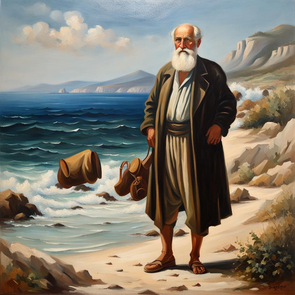 Seashore Portrait: Greek Oil Painting of an Old Man