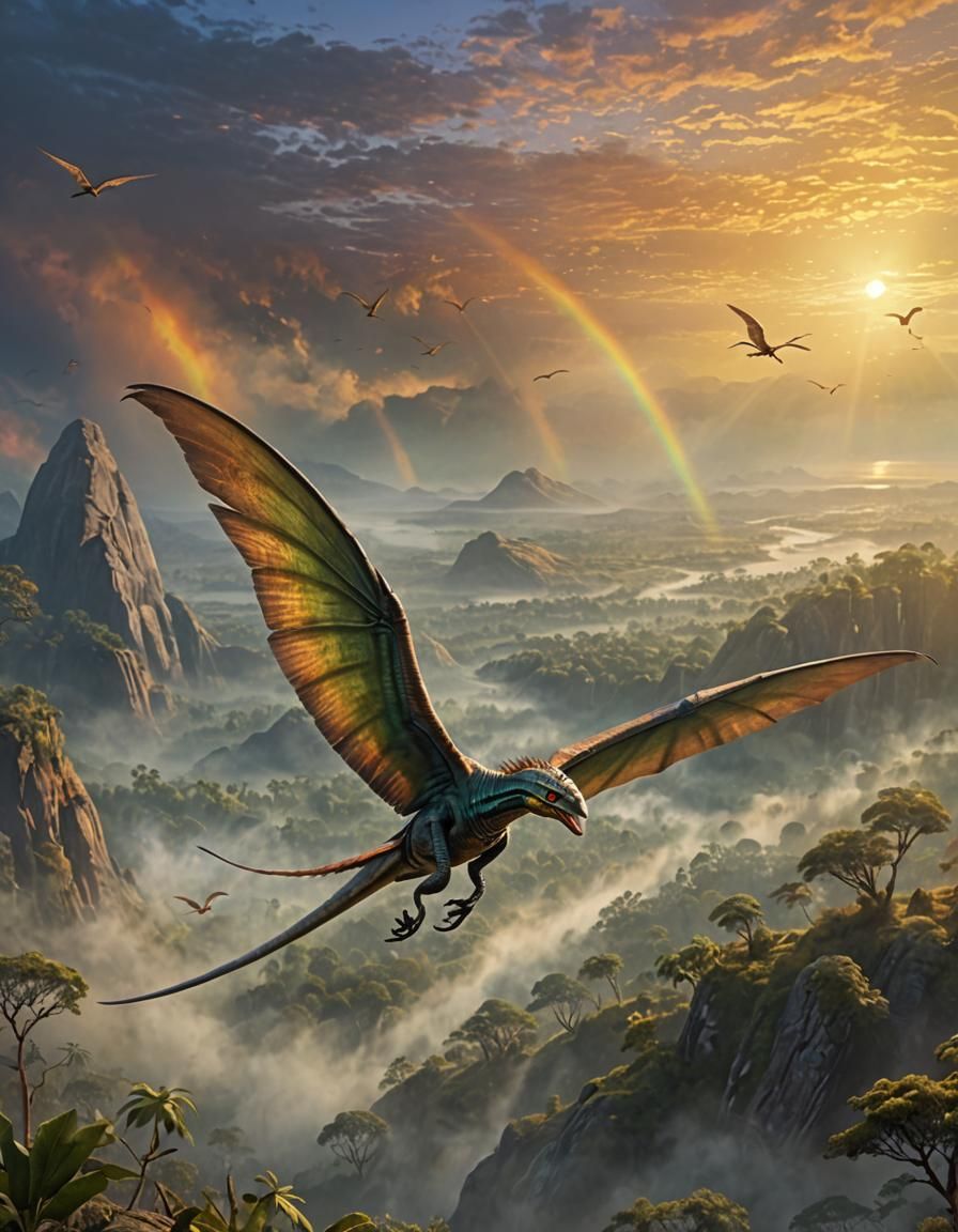 Prehistoric Dimorphodon in Rainbow Dawn