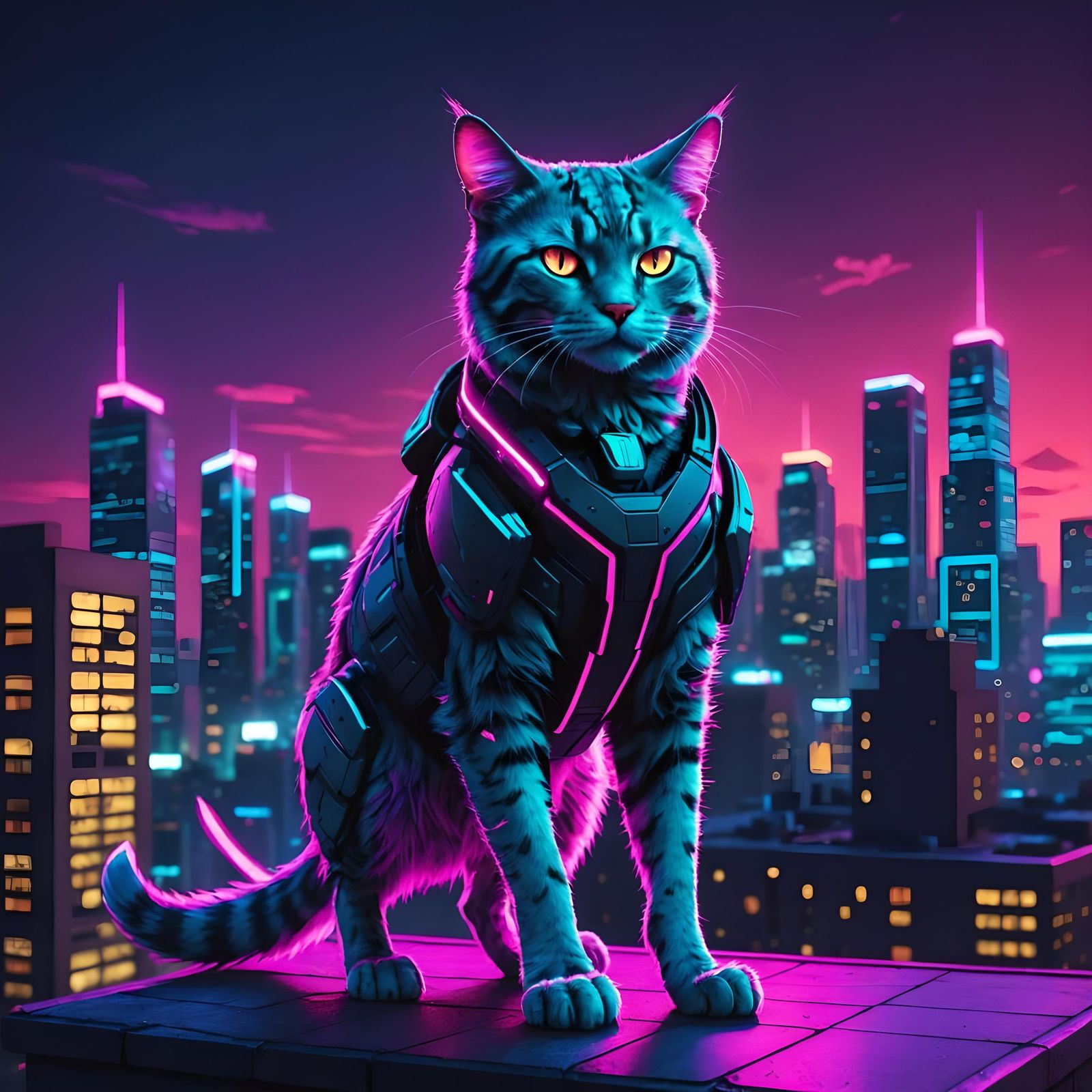 Neon Cyberpunk Cat on City Rooftop at Night