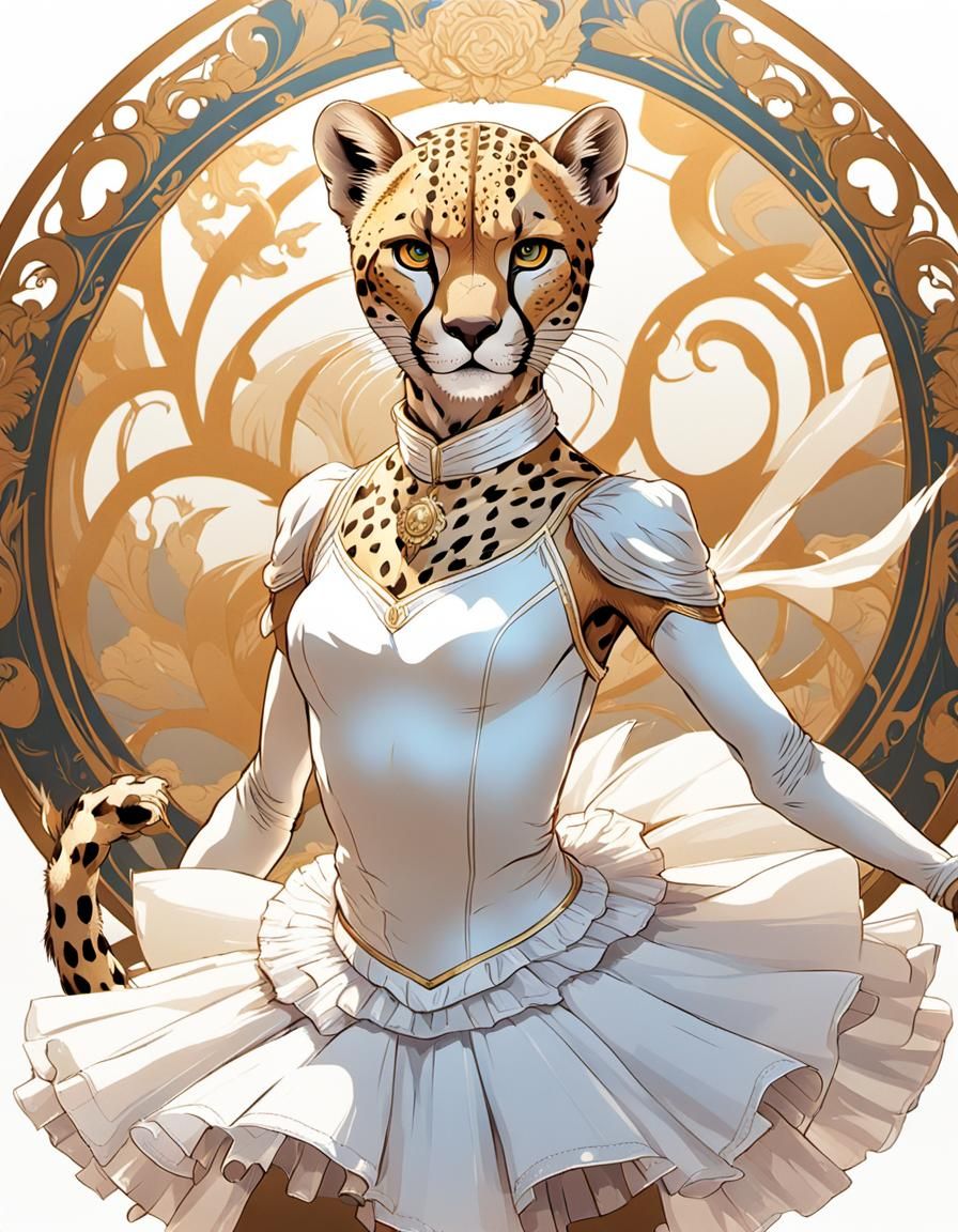 Cheetah Ballerina Stretching in Art Nouveau Style