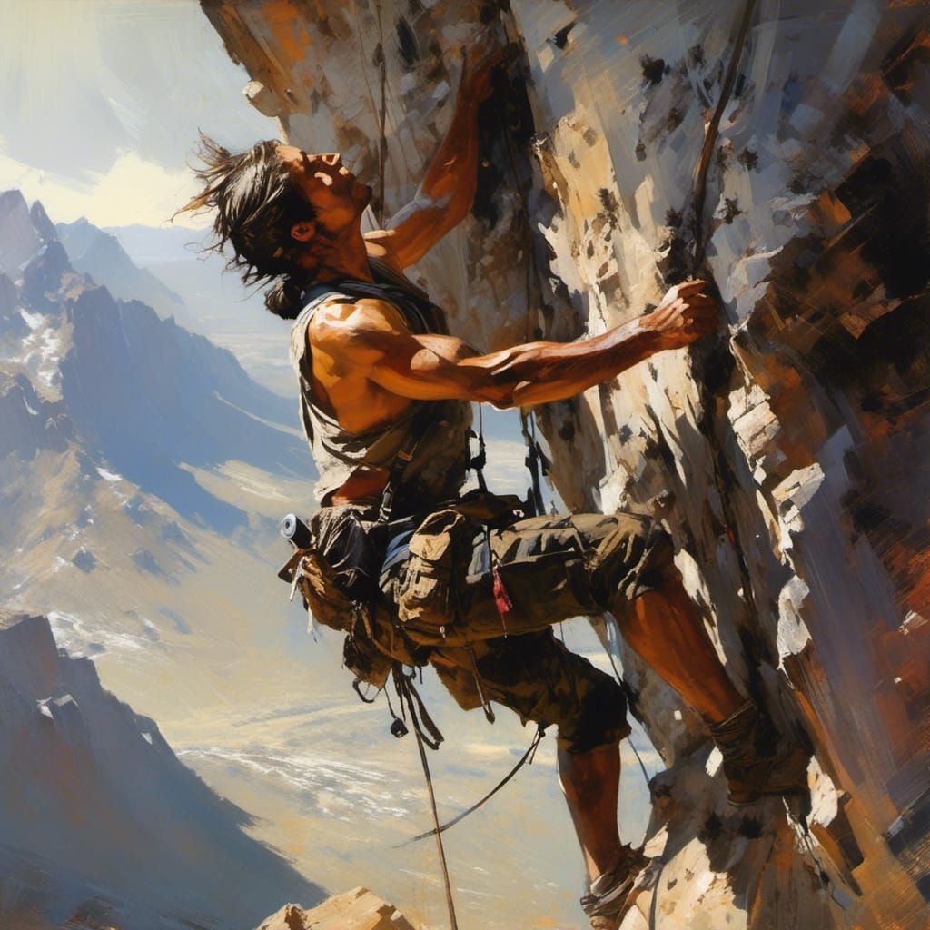 Climber Cleans Windows on Cliff in Oil Painting Style