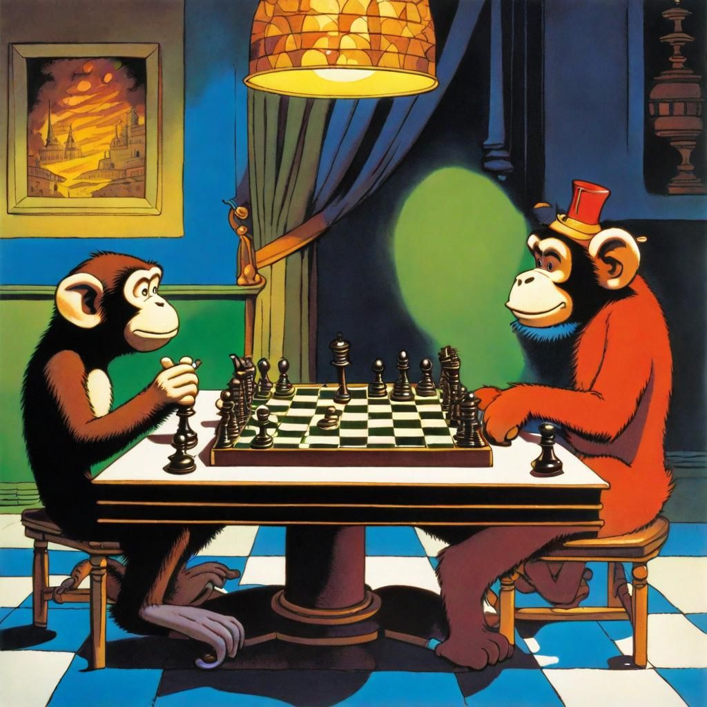 Monkey Playing Chess in Cartoon Style