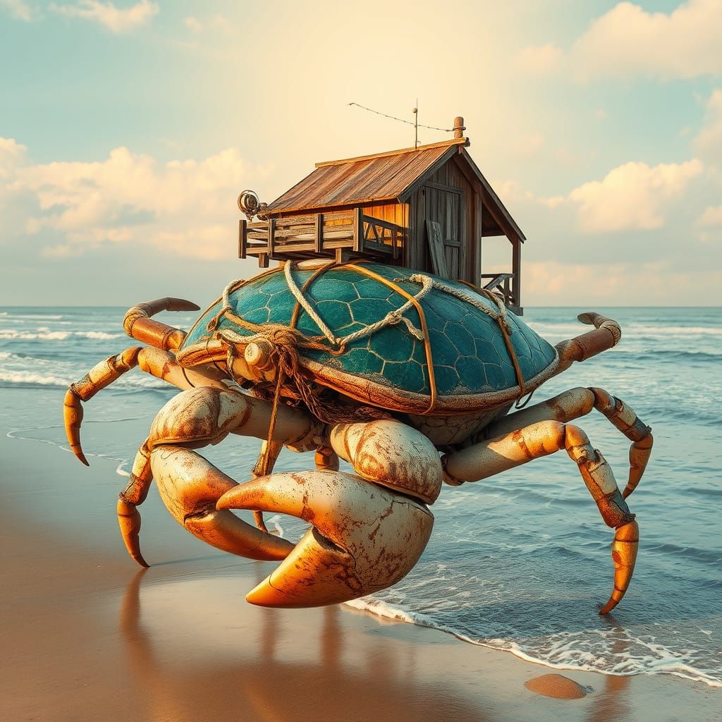 Giant Organic Crab Transports Beach Hut