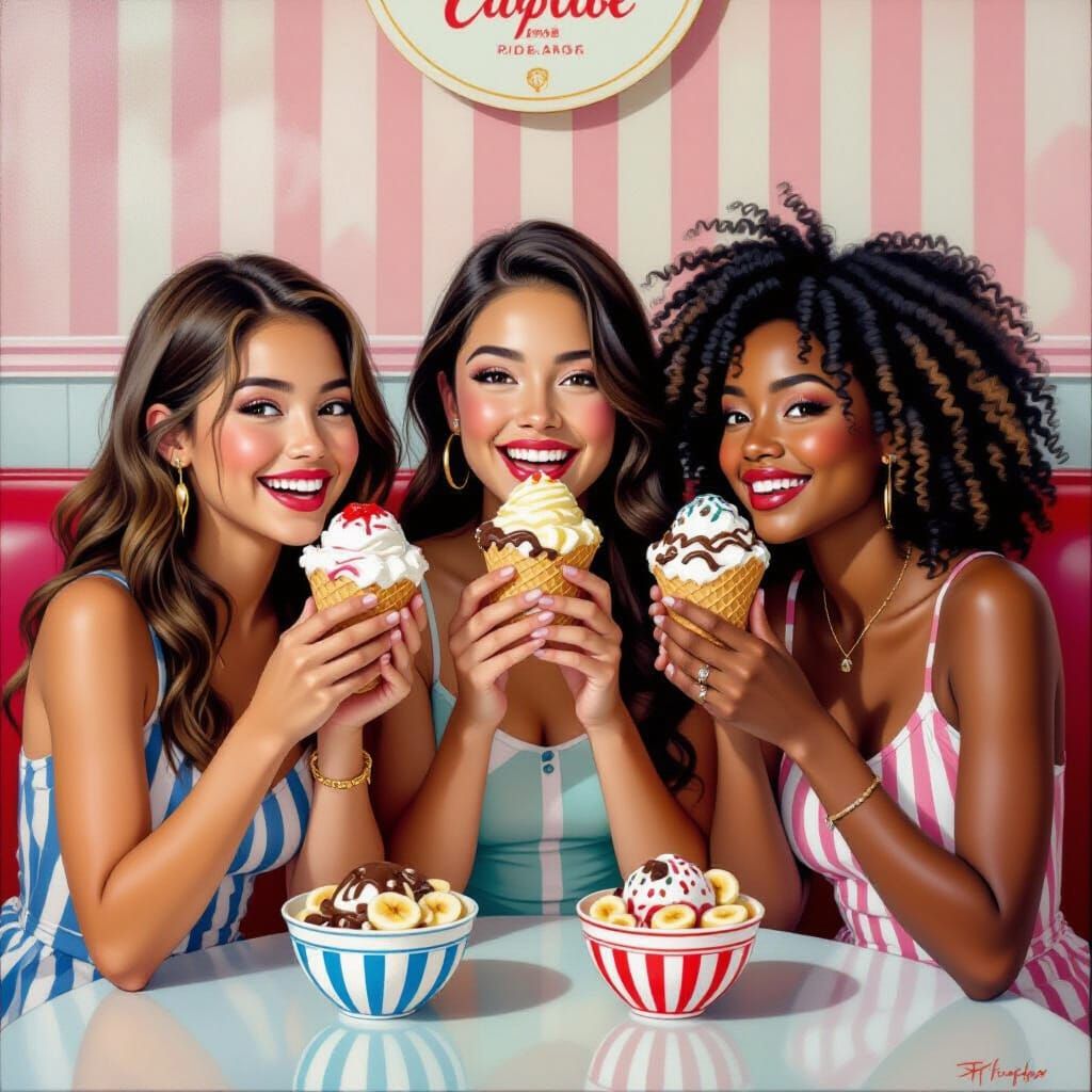 Girls Enjoying Ice Cream at Parlor Painting