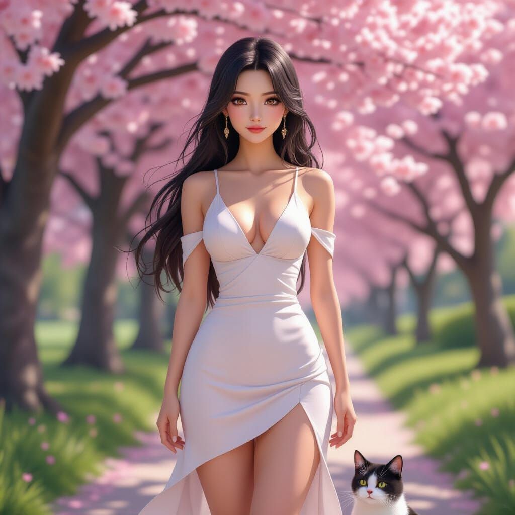 Elegant Woman with Cat in Blossom Park