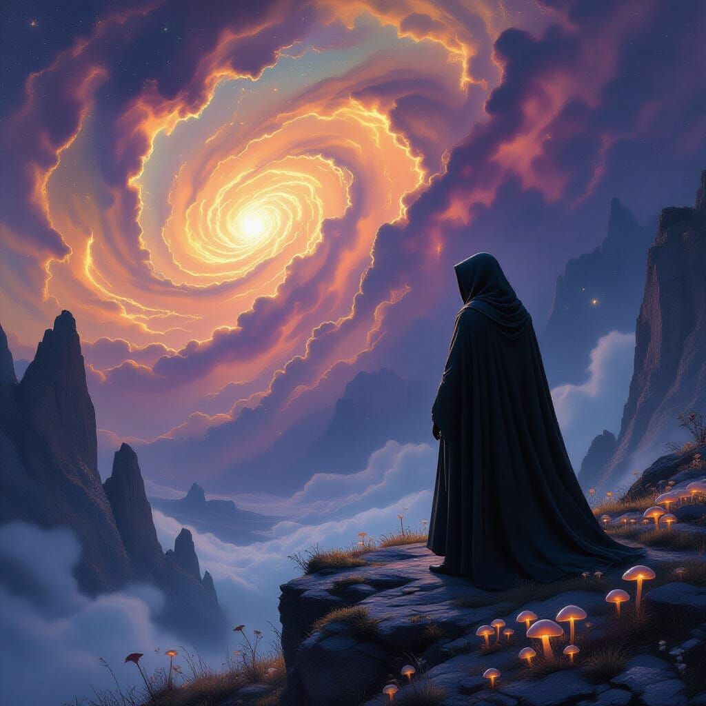 Cloaked Figure on Crystalline Cliff Overlooking Amethyst Neb...