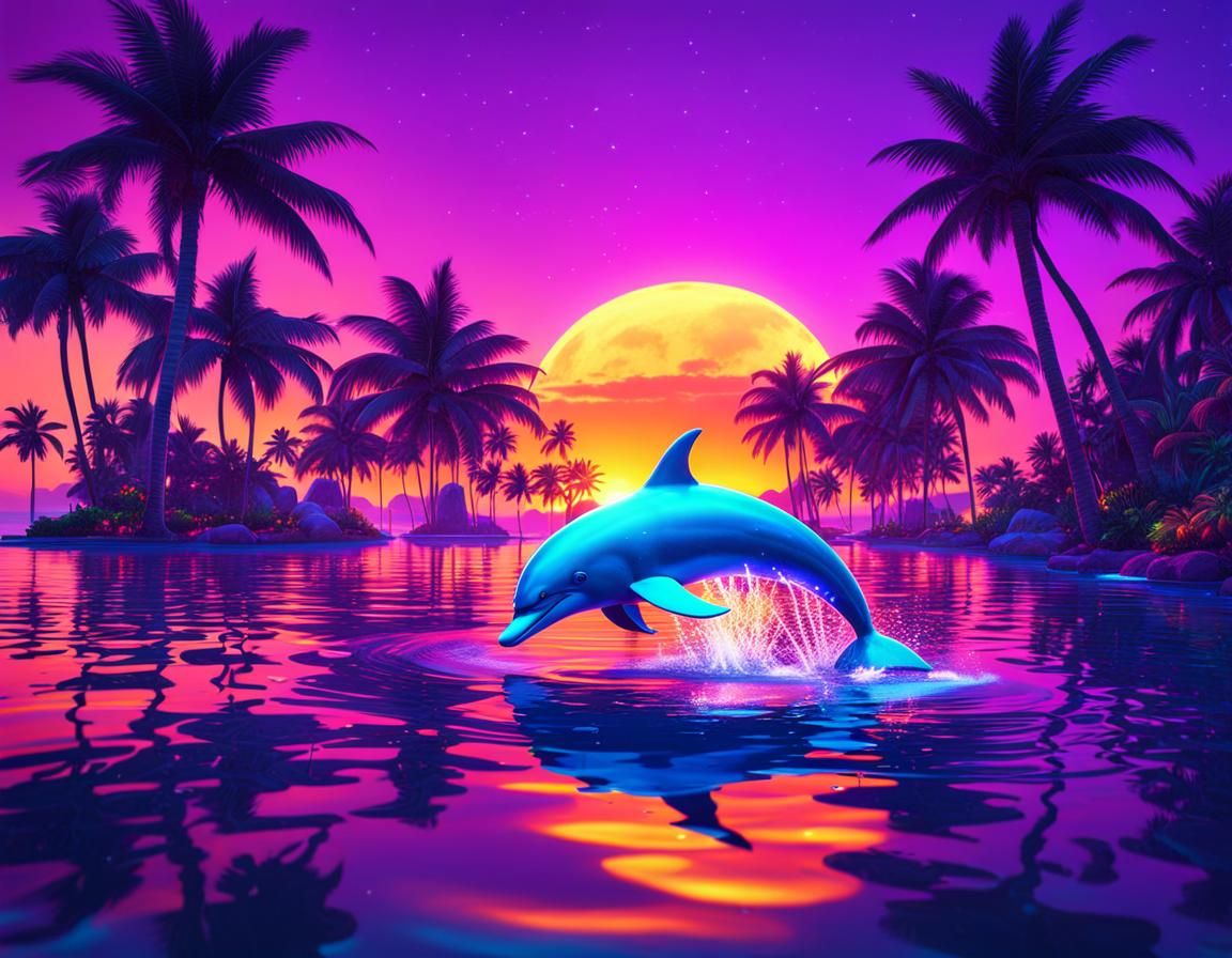 Neon Dolphin Miami Sunset in Eighties Style