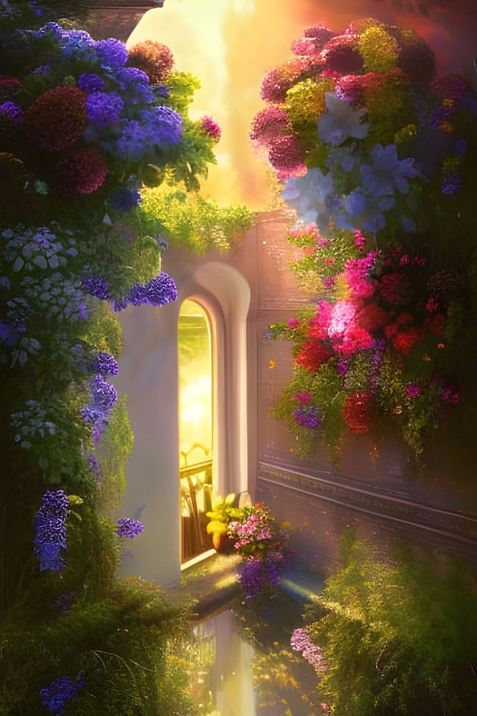 Golden Hour Floral Entrance: Fantasy Concept Art