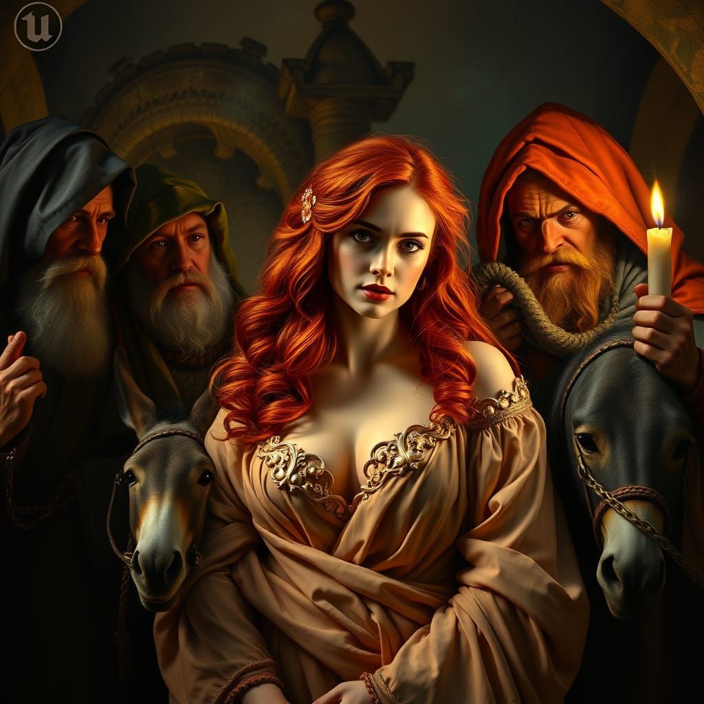 Surreal Oil Painting of Redheaded Beauty in Warm Candlelight...