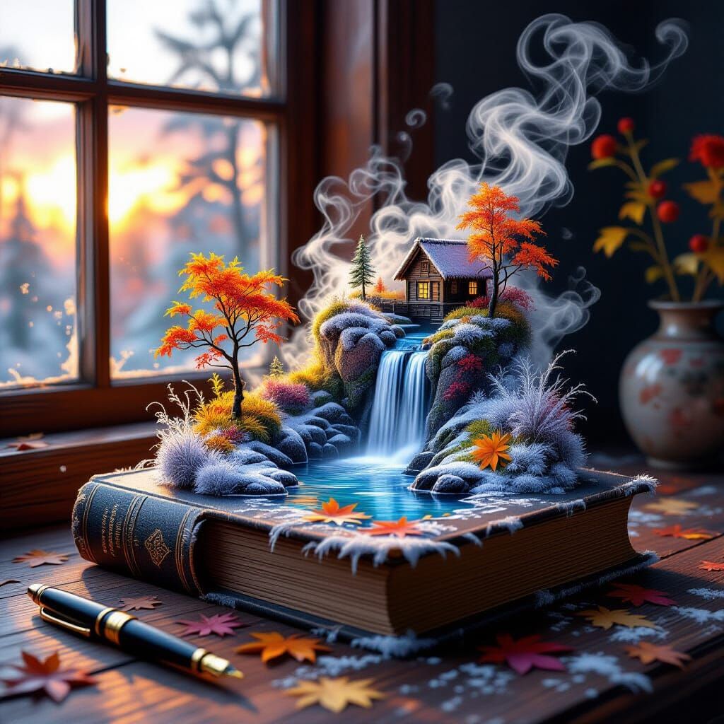 Miniature Autumn Waterfall Landscape on Frosty Book