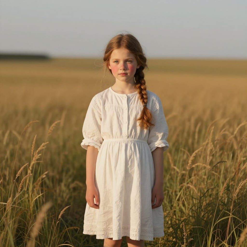 Young Girl in Sunlit Steppe Painted in Neoclassical Style