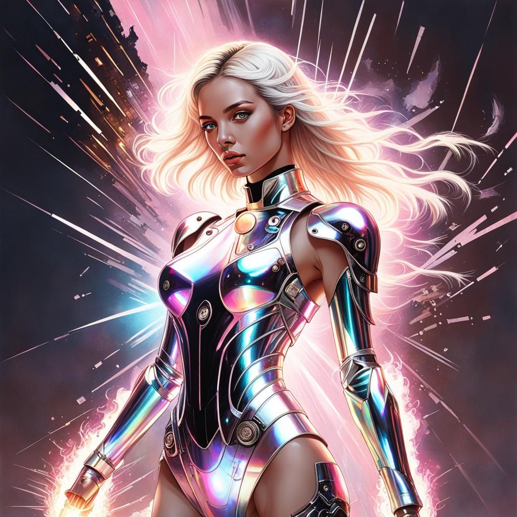 Cyborg Woman Portrait in Iridescent Aetherpunk Style