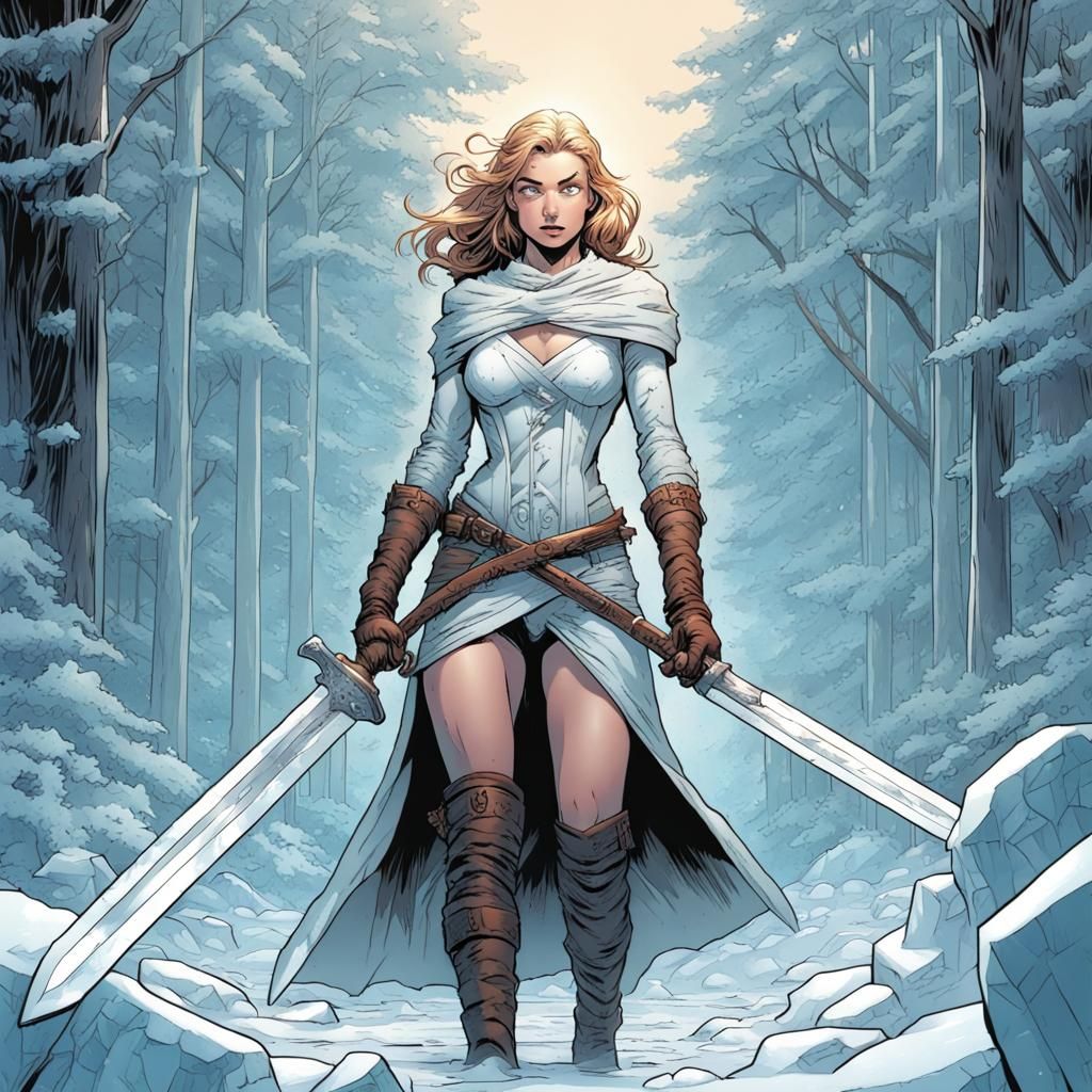 Ice Armor Girl with Sword: Comic Book Art
