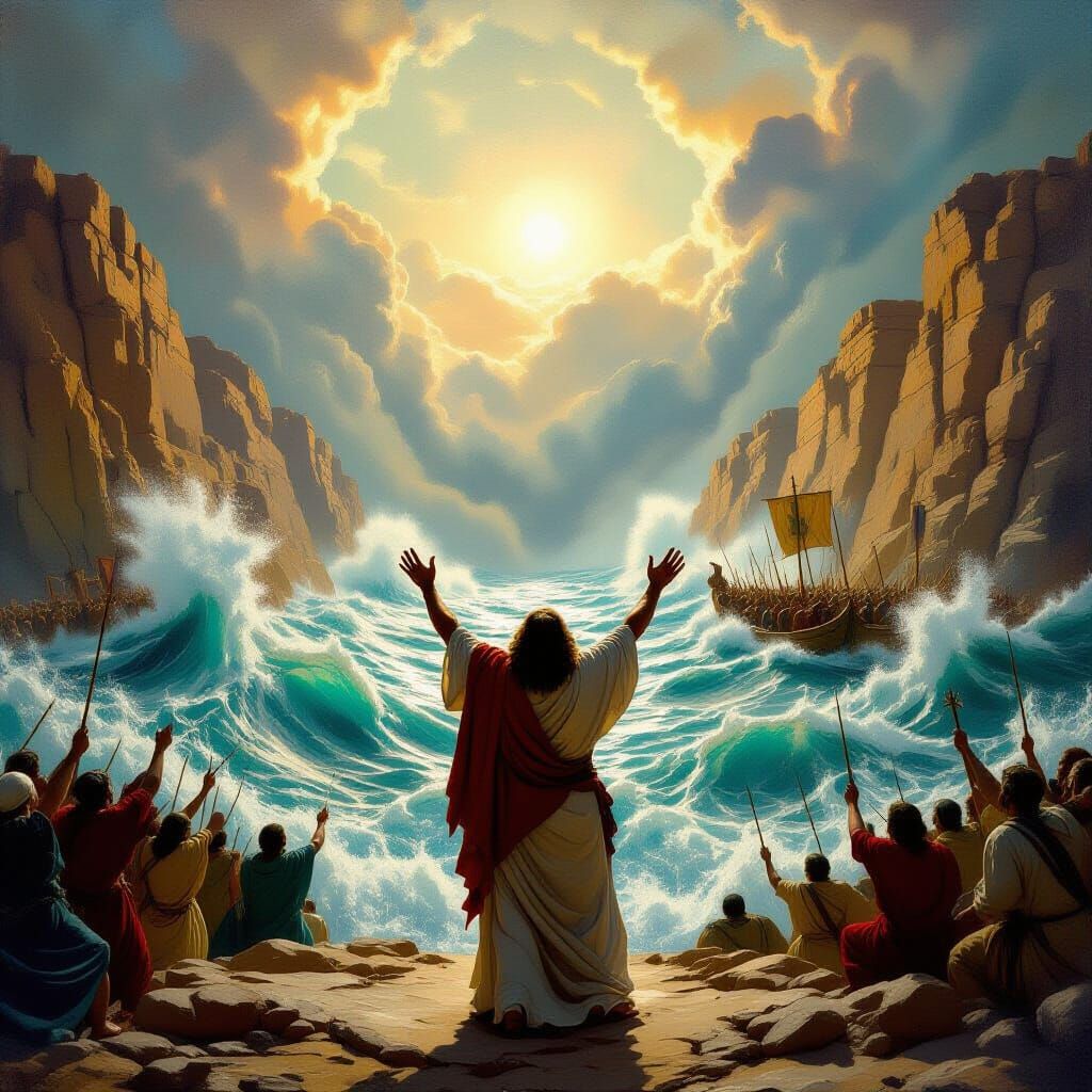Moses Parts Red Sea in Epic Oil Painting Style