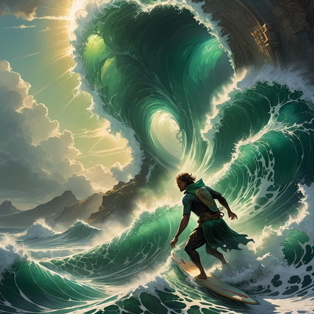 Surfer Rides Emerald Wave: Dark Fantasy Art