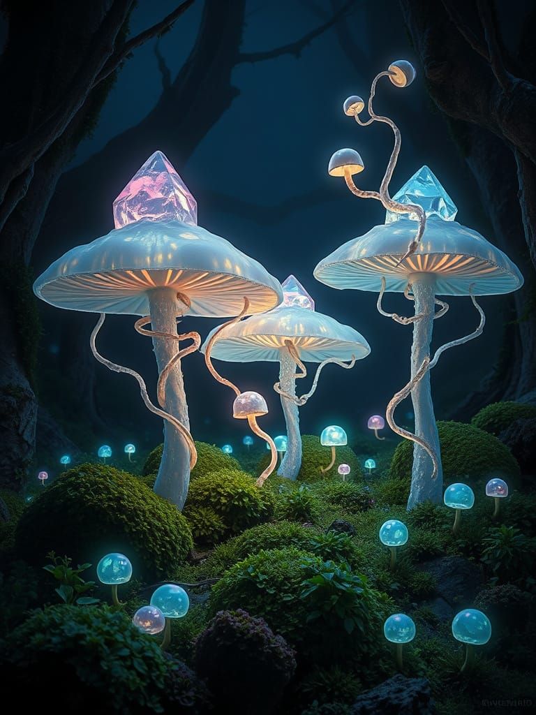 Bioluminescent Forest Mushrooms in Ethereal Glow