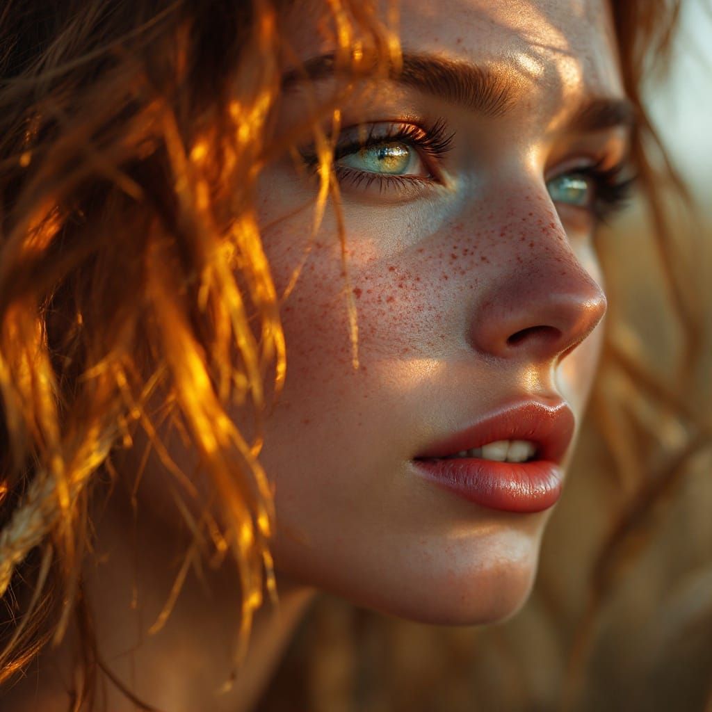 Close-up of a Serene Woman's Face in Golden Light