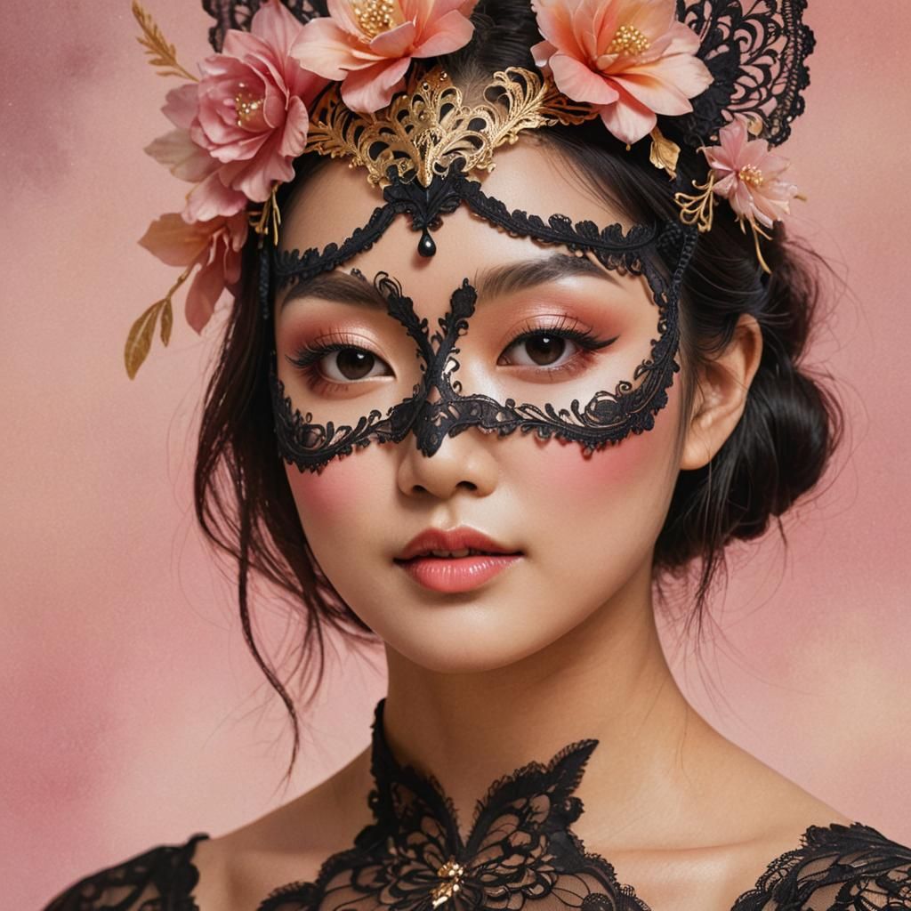 Asian Woman in Lace Mask: Hyperrealistic Digital Art